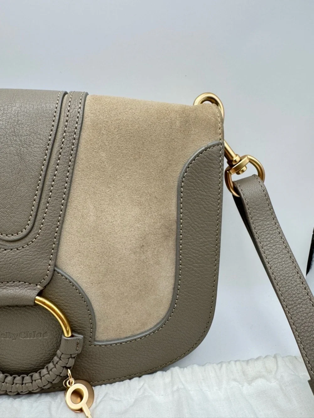 See By Chloé Hana Large Leather Suede Crossbody Bag Motty Grey Gold Hardware